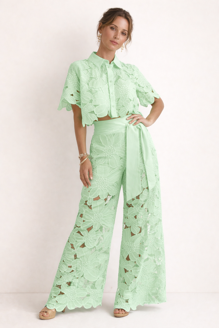 Dam Spetsblus Och Vida Ben Byxset | Eleganta Co-ord