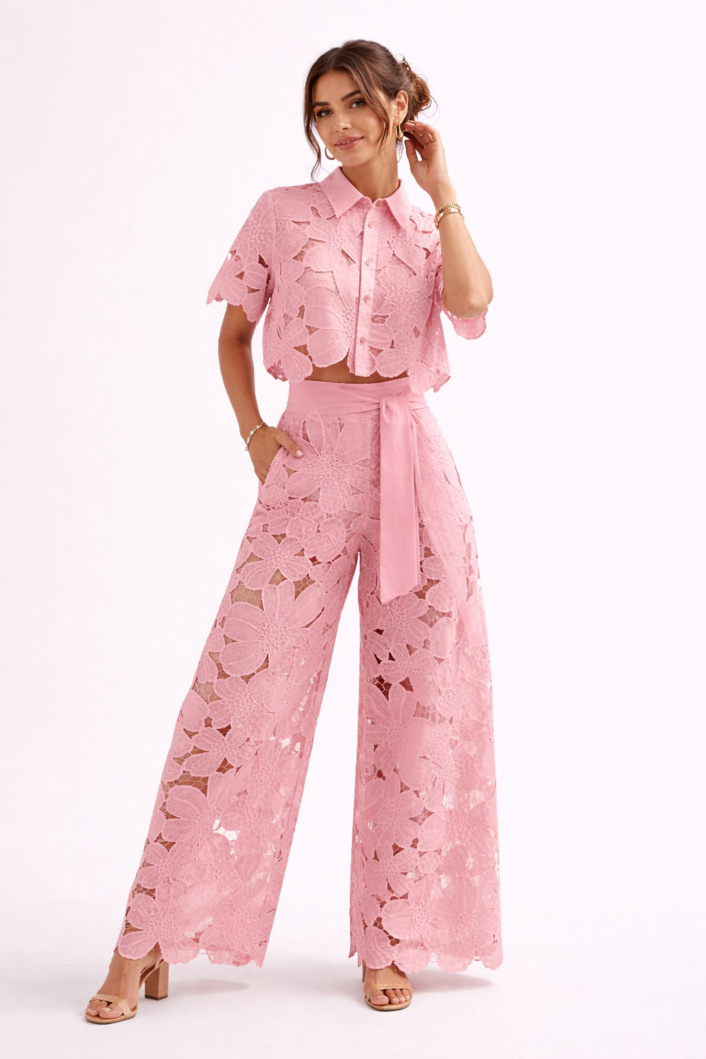 Dam Spetsblus Och Vida Ben Byxset | Eleganta Co-ord
