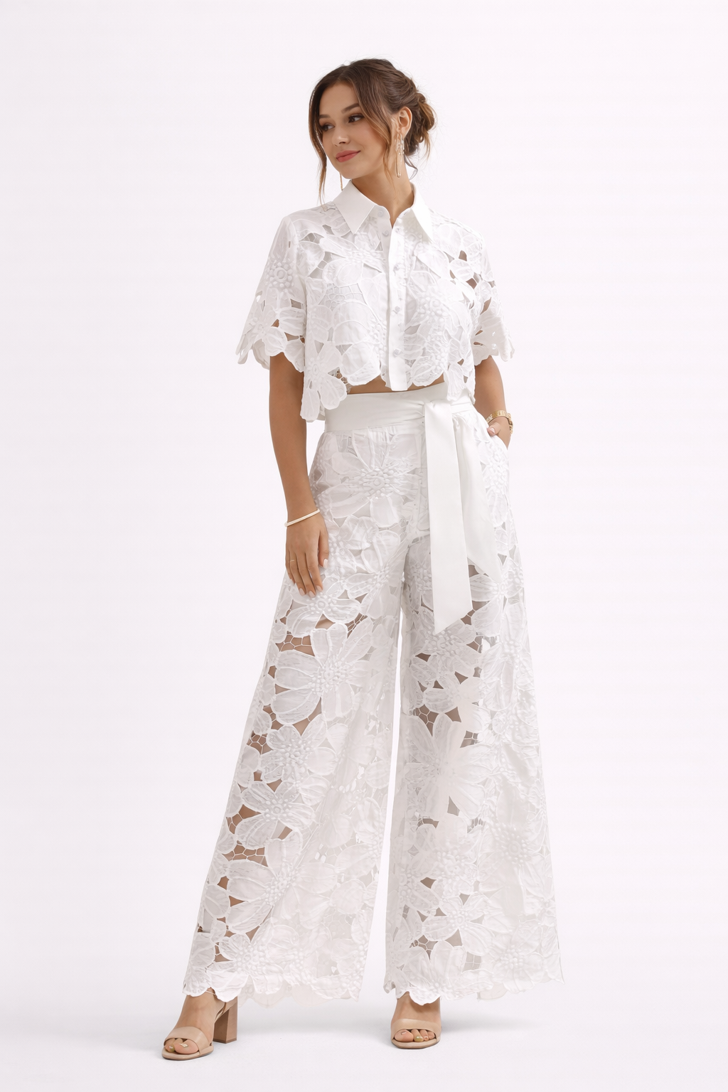 Dam Spetsblus Och Vida Ben Byxset | Eleganta Co-ord