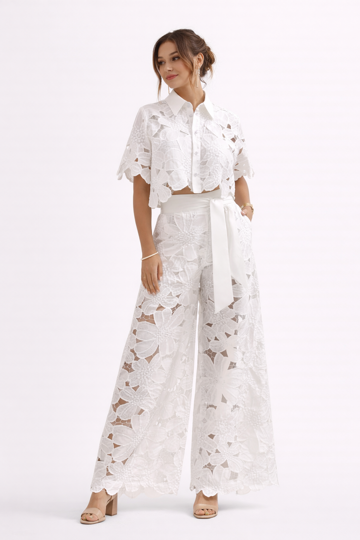 Dam Spetsblus Och Vida Ben Byxset | Eleganta Co-ord