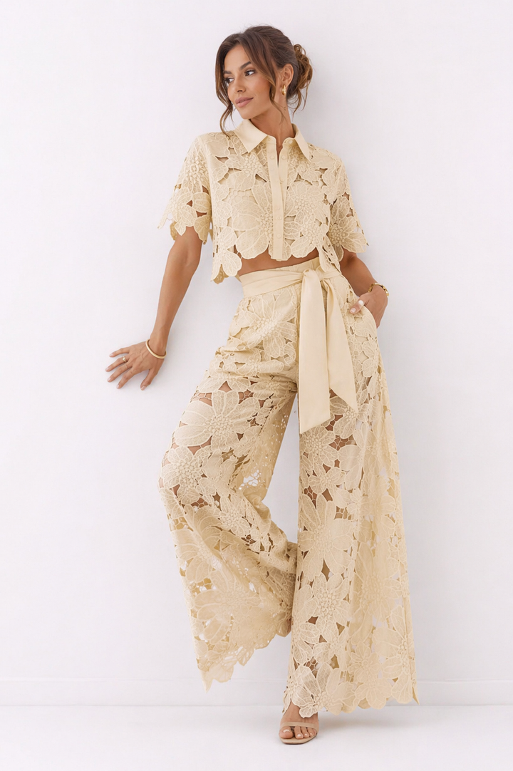 Dam Spetsblus Och Vida Ben Byxset | Eleganta Co-ord