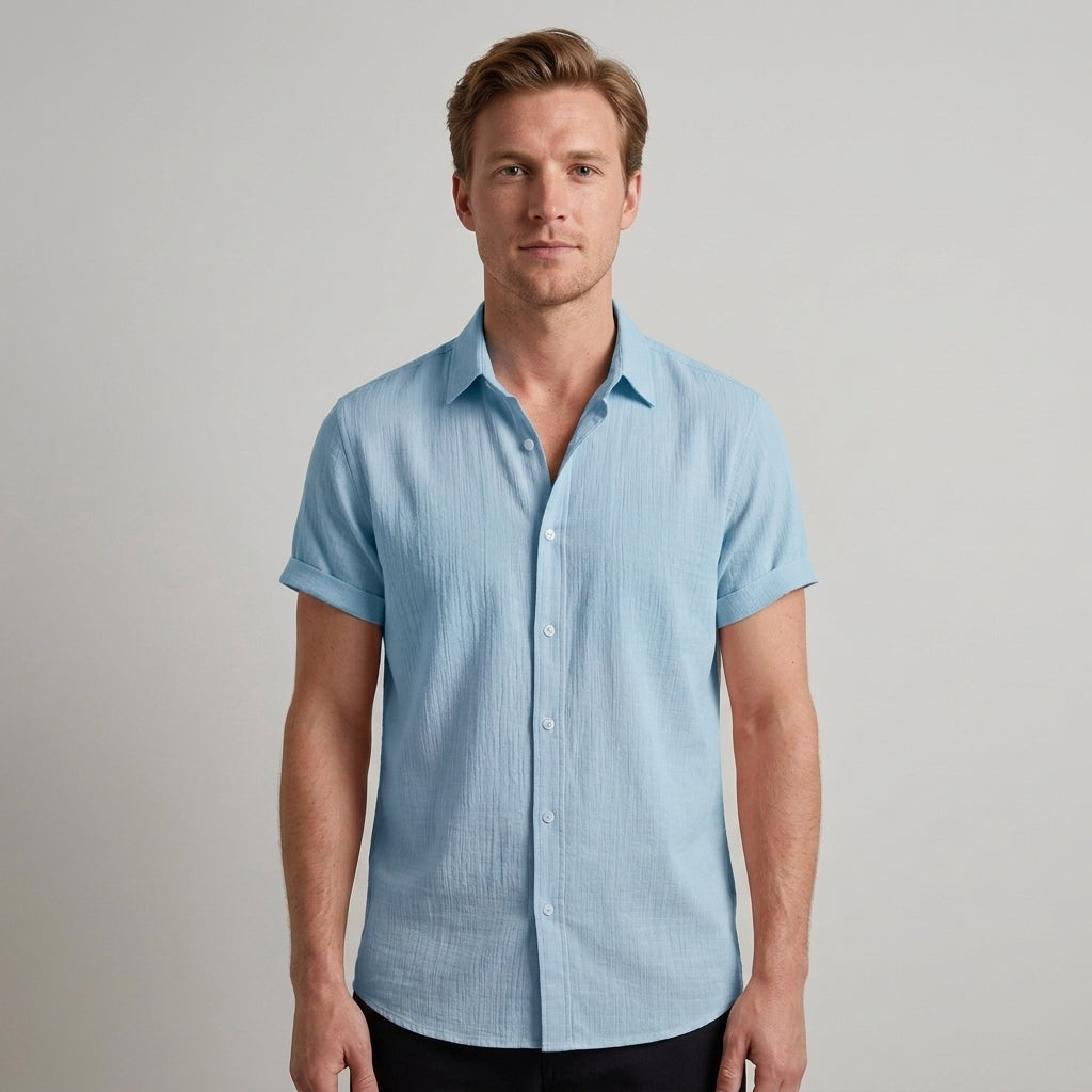 Herr Kortärmad Knapp-Upp Skjorta | Klassisk Sommar Avslappnad Passform