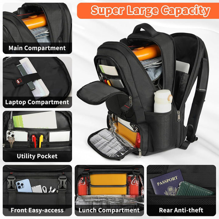 Extra Stor Resa Ryggsäck med Inbyggt Lunchfack och USB-Laddningsport