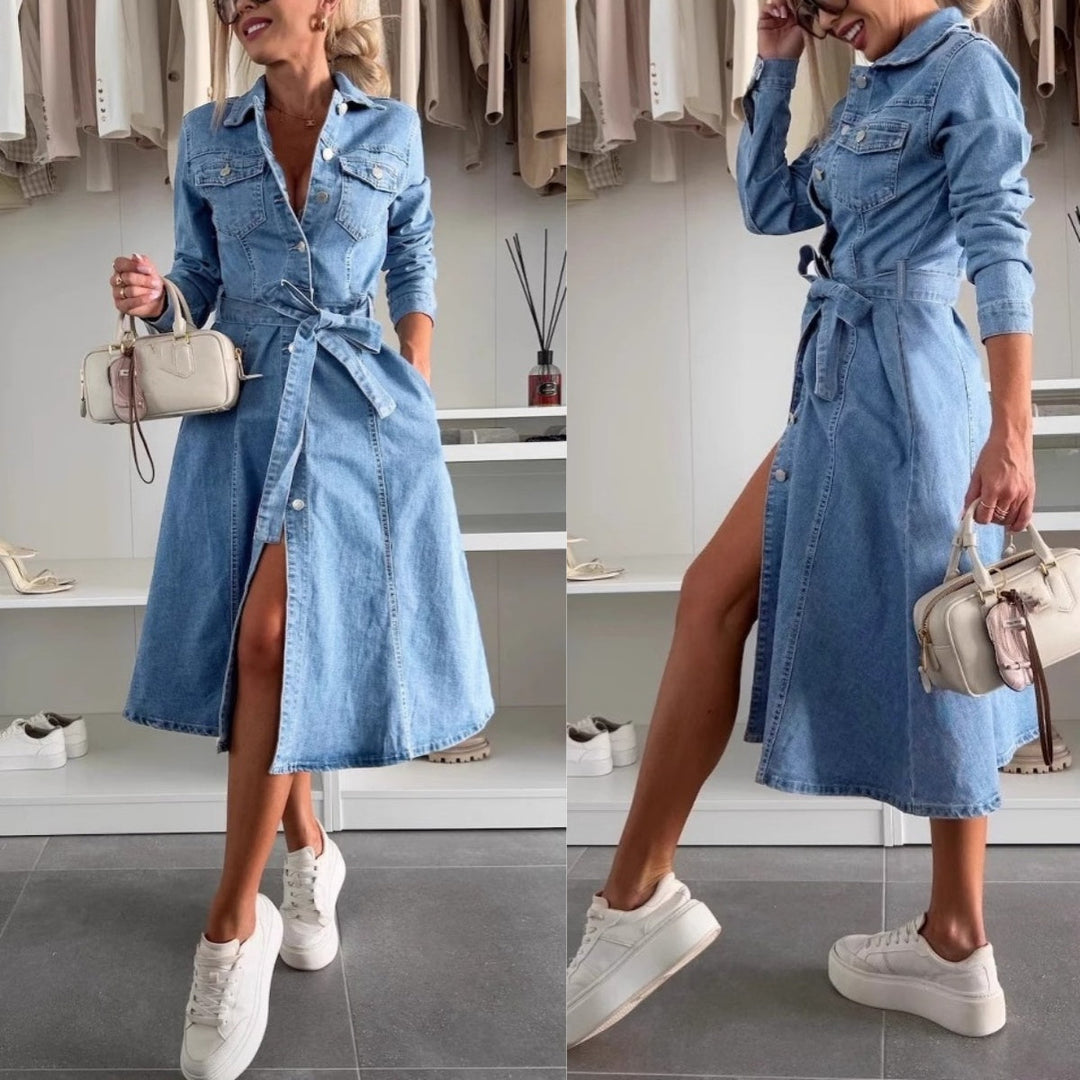 Dam Maxi Denimstil Klänning | Långärmad Avslappnad Vardagslook