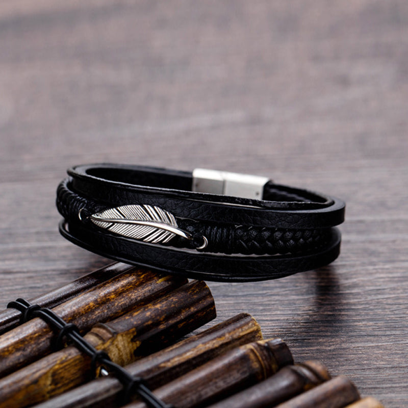 Herr Läder Stil Armband med Fjäderdesign