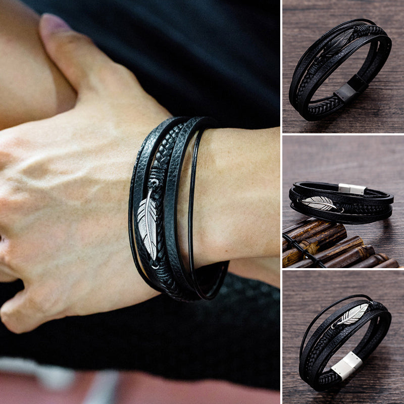 Herr Läder Stil Armband med Fjäderdesign